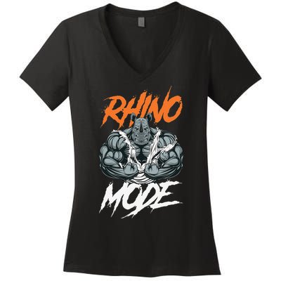 Funny Strong Rhino With Big Biceps Rhino Mode For Gym Lover Women's V-Neck T-Shirt