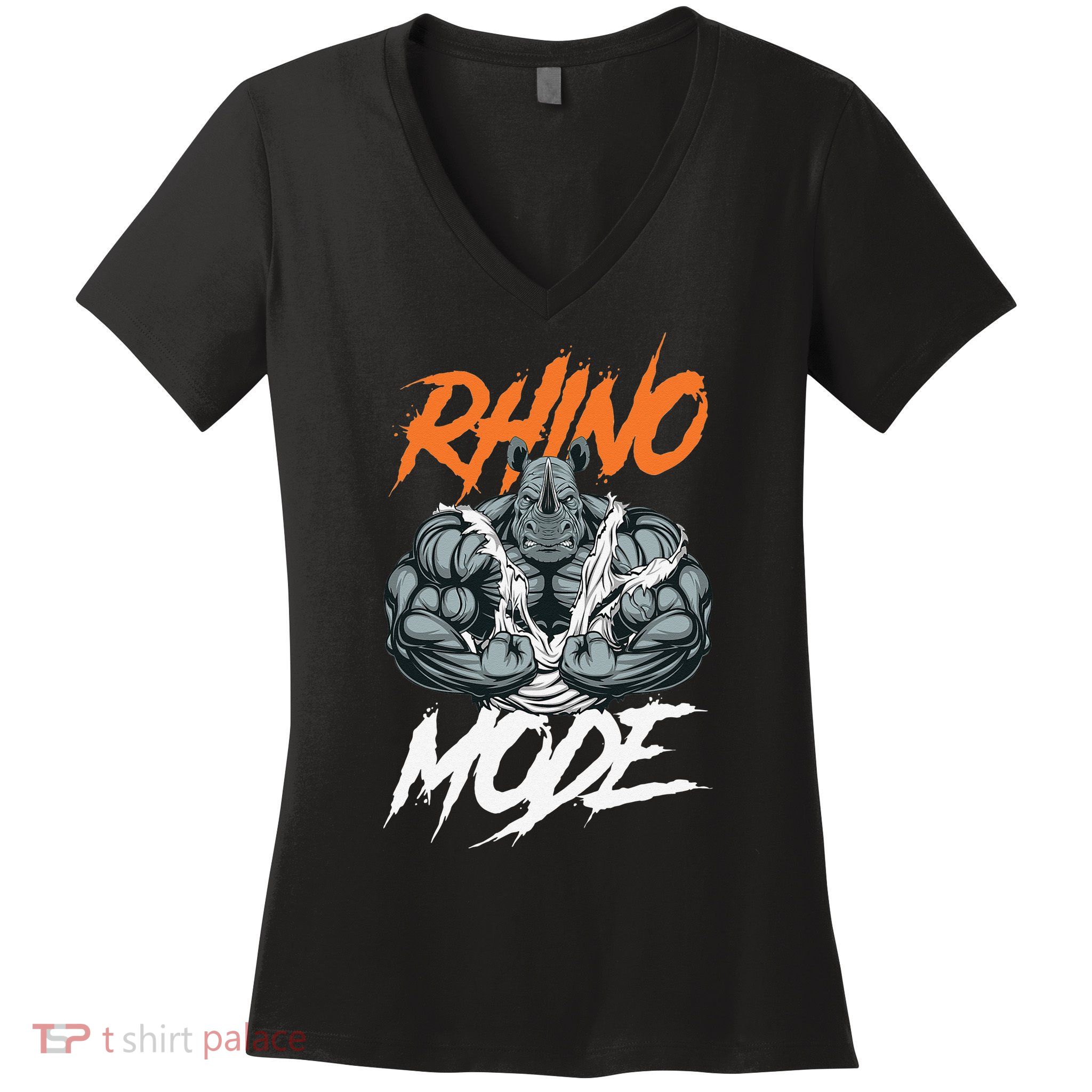 Funny Strong Rhino With Big Biceps Rhino Mode For Gym Lover Women's V-Neck T-Shirt