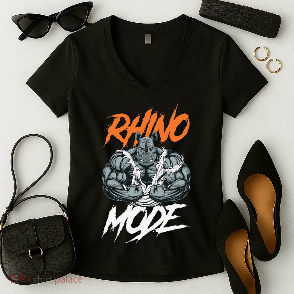 Funny Strong Rhino With Big Biceps Rhino Mode For Gym Lover Women's V-Neck T-Shirt