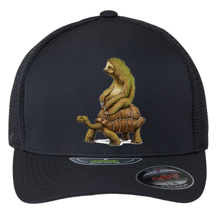 Funny Sloth Riding Turtle Speed Is Relative Flexfit Unipanel Trucker Cap