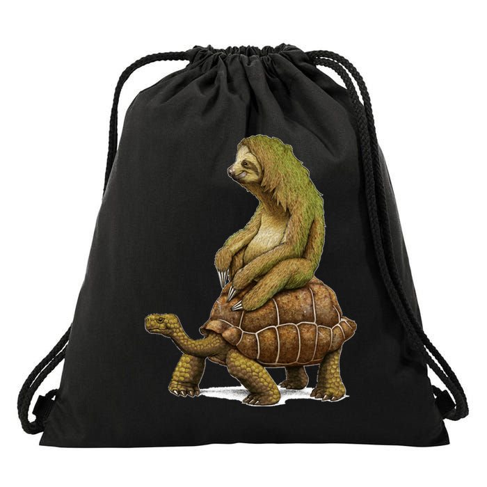 Funny Sloth Riding Turtle Speed Is Relative Drawstring Bag