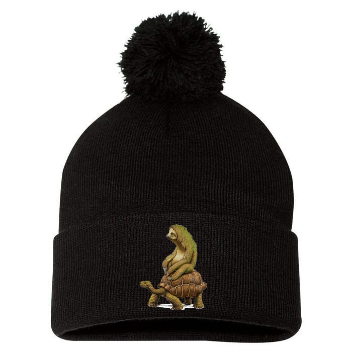 Funny Sloth Riding Turtle Speed Is Relative Pom Pom 12in Knit Beanie