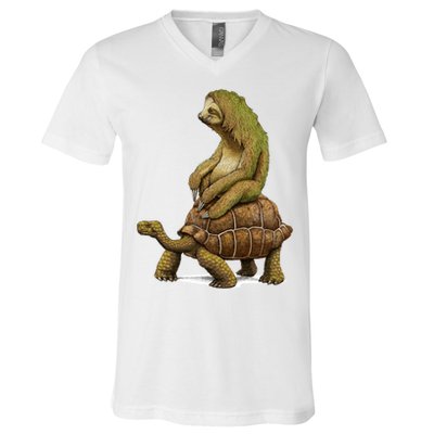 Funny Sloth Riding Turtle Speed Is Relative V-Neck T-Shirt