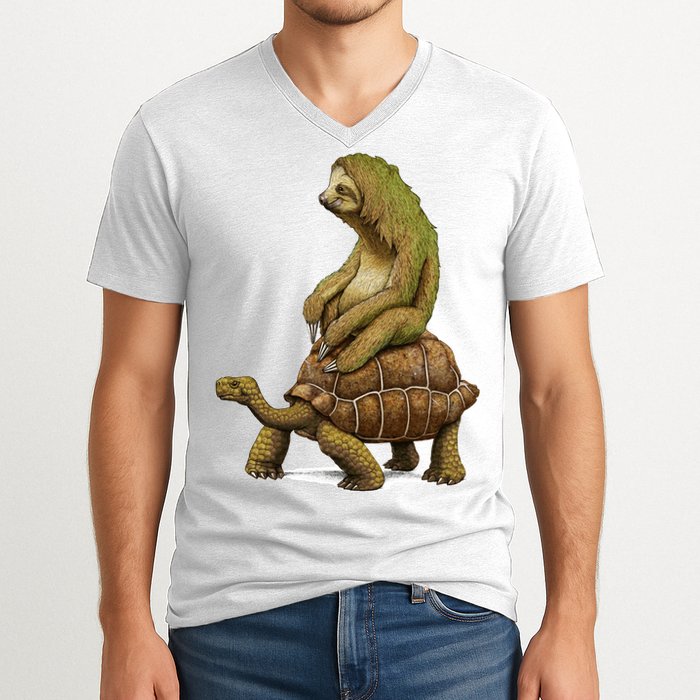 Funny Sloth Riding Turtle Speed Is Relative V-Neck T-Shirt
