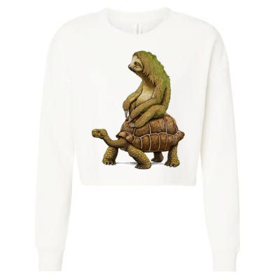 Funny Sloth Riding Turtle Speed Is Relative Cropped Pullover Crew