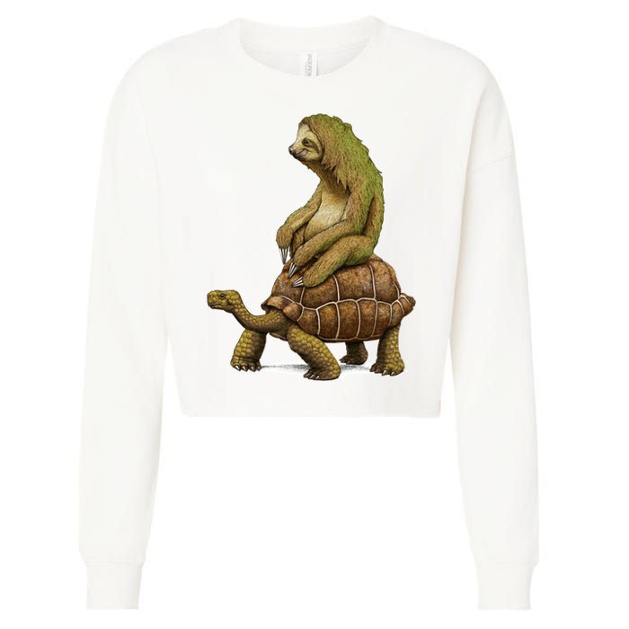 Funny Sloth Riding Turtle Speed Is Relative Cropped Pullover Crew