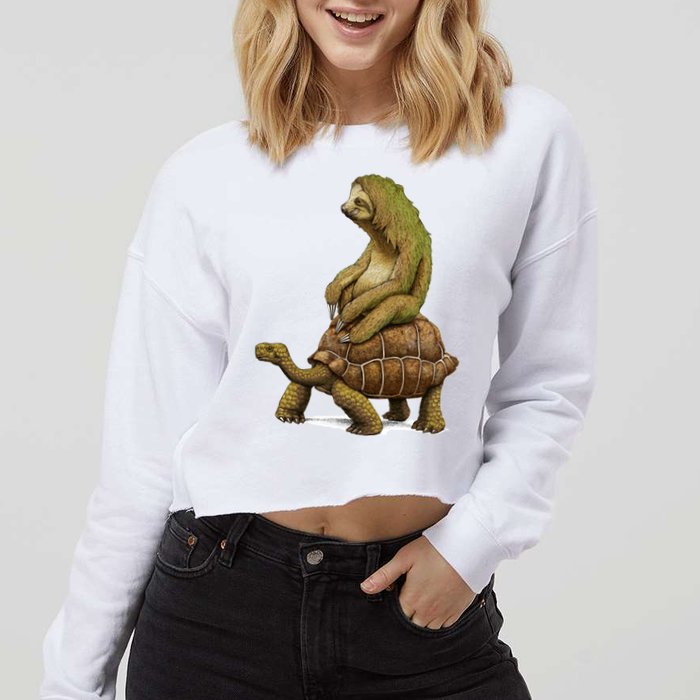 Funny Sloth Riding Turtle Speed Is Relative Cropped Pullover Crew