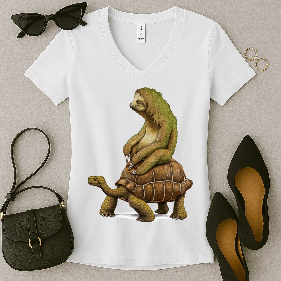 Funny Sloth Riding Turtle Speed Is Relative Women's V-Neck T-Shirt