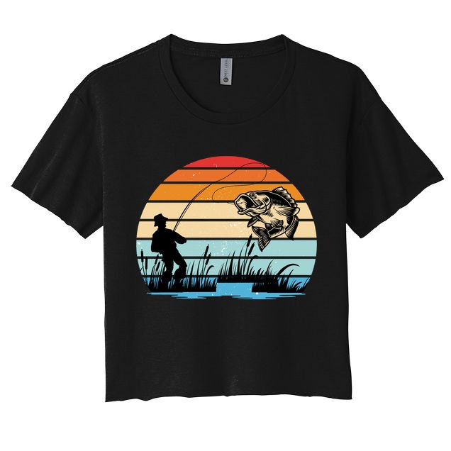 Fishing Sunset Retro Vintage Gift Crop Top