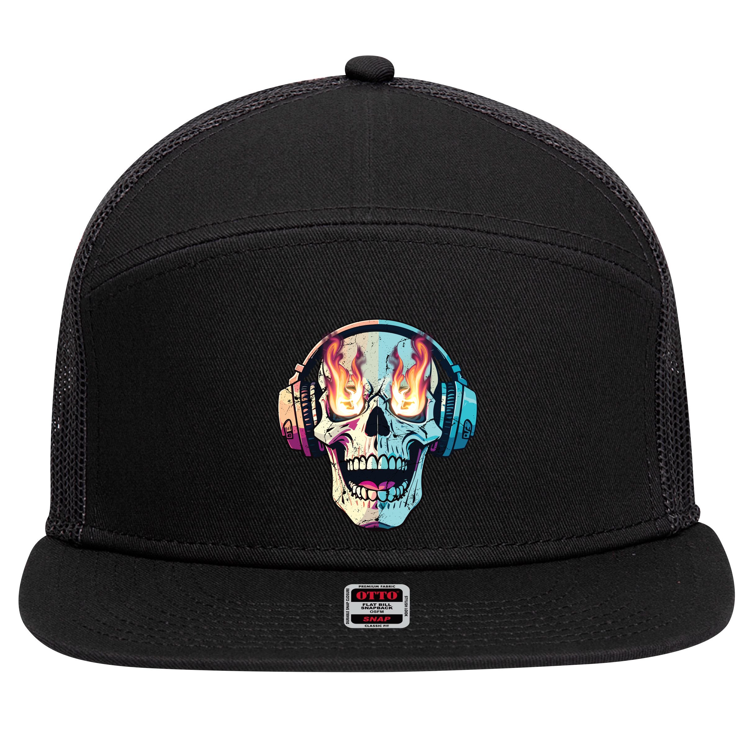 Flaming Skull Rock Music 7 Panel Mesh Trucker Snapback Hat