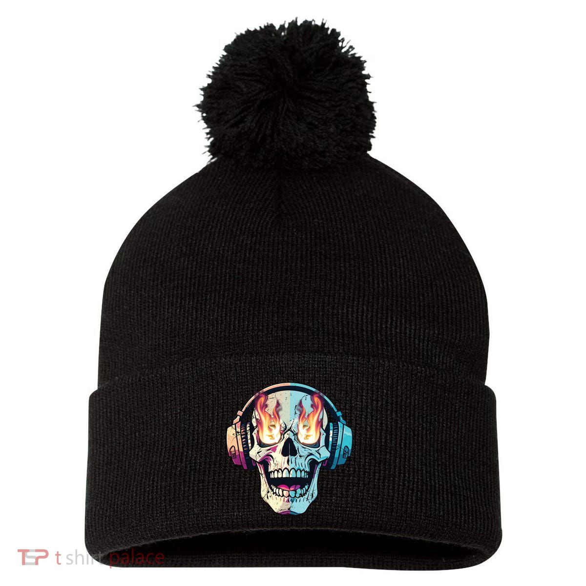 Flaming Skull Rock Music Pom Pom 12in Knit Beanie