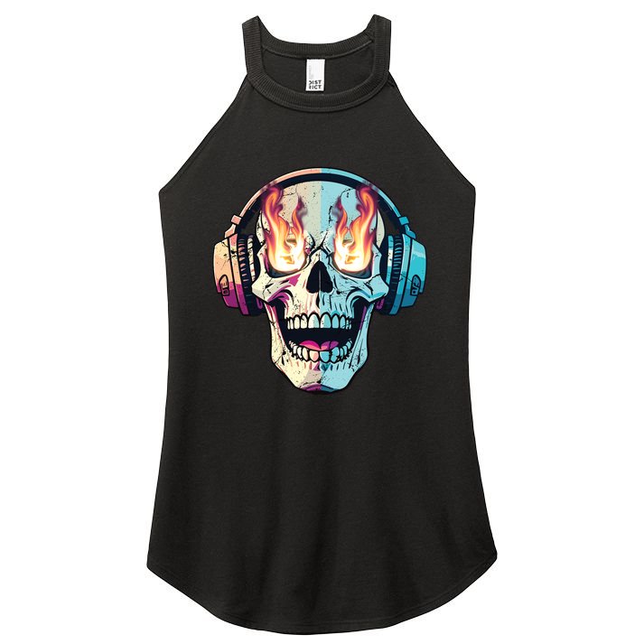 Flaming Skull Rock Music Women's Perfect Tri Rocker Tank