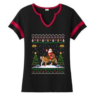 Funny Santa Riding Tiger Christmas Tiger Ugly Xmas Gift Ladies Halftime Notch Neck Tee