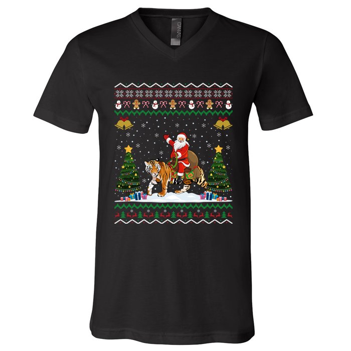 Funny Santa Riding Tiger Christmas Tiger Ugly Xmas Gift V-Neck T-Shirt