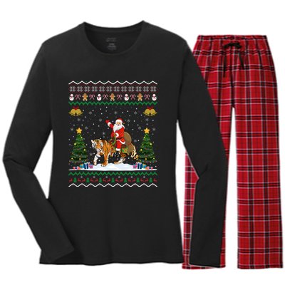 Funny Santa Riding Tiger Christmas Tiger Ugly Xmas Gift Women's Long Sleeve Flannel Pajama Set 