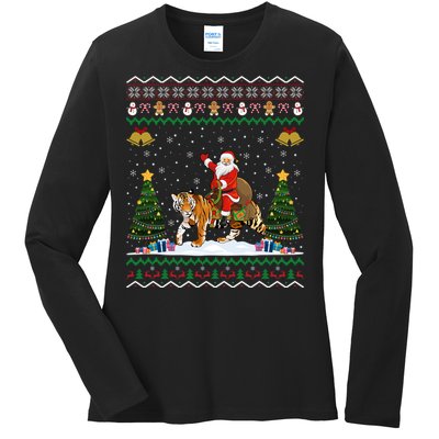 Funny Santa Riding Tiger Christmas Tiger Ugly Xmas Gift Ladies Long Sleeve Shirt