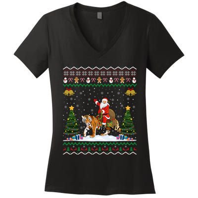 Funny Santa Riding Tiger Christmas Tiger Ugly Xmas Gift Women's V-Neck T-Shirt