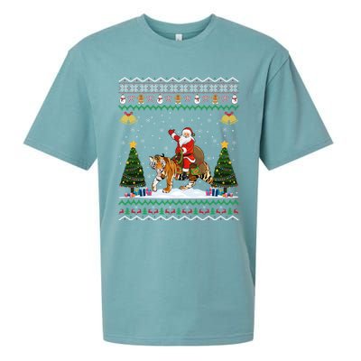 Funny Santa Riding Tiger Christmas Tiger Ugly Xmas Gift Sueded Cloud Jersey T-Shirt