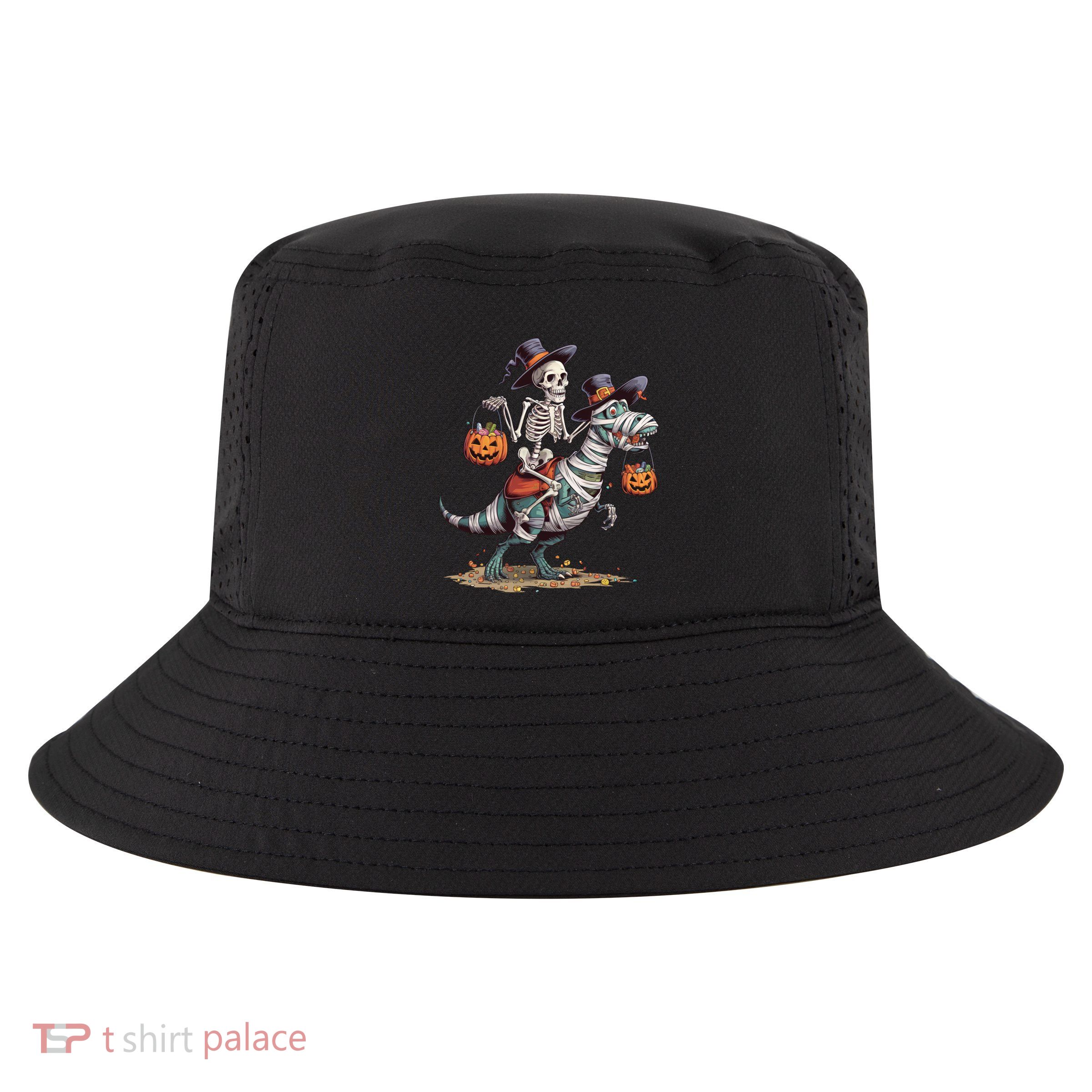 Funny Skeleton Riding Mummy Dinosaur T Rex Pumpkin Halloween Gift Cool Comfort Performance Bucket Hat