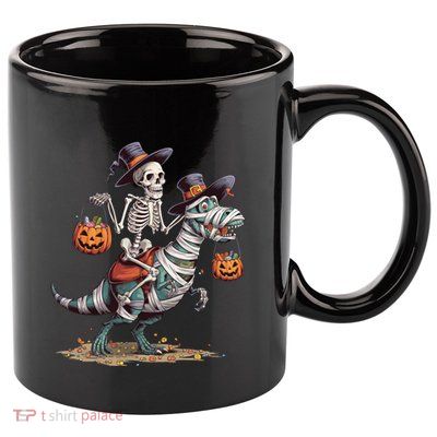 Funny Skeleton Riding Mummy Dinosaur T Rex Pumpkin Halloween Gift 11oz C Handle Ceramic Mug