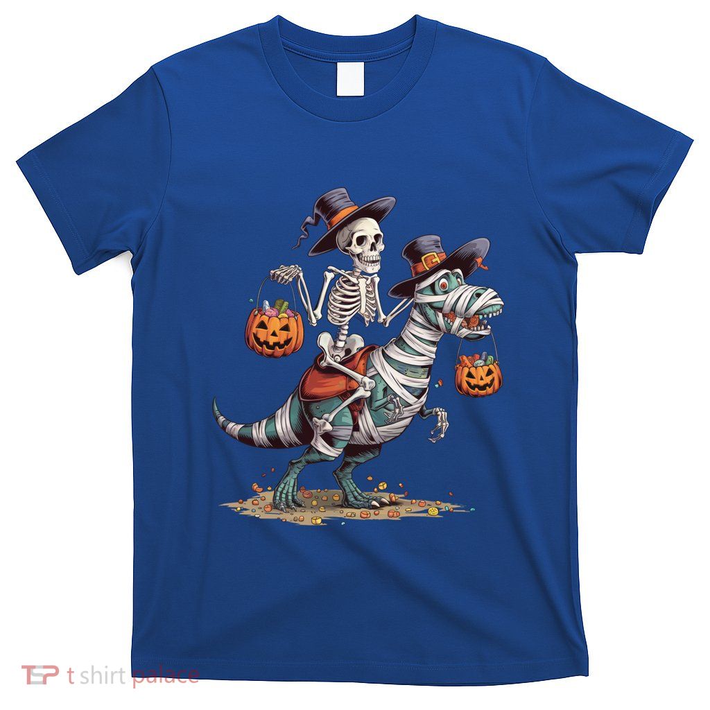 Funny Skeleton Riding Mummy Dinosaur T Rex Pumpkin Halloween Gift T-Shirt