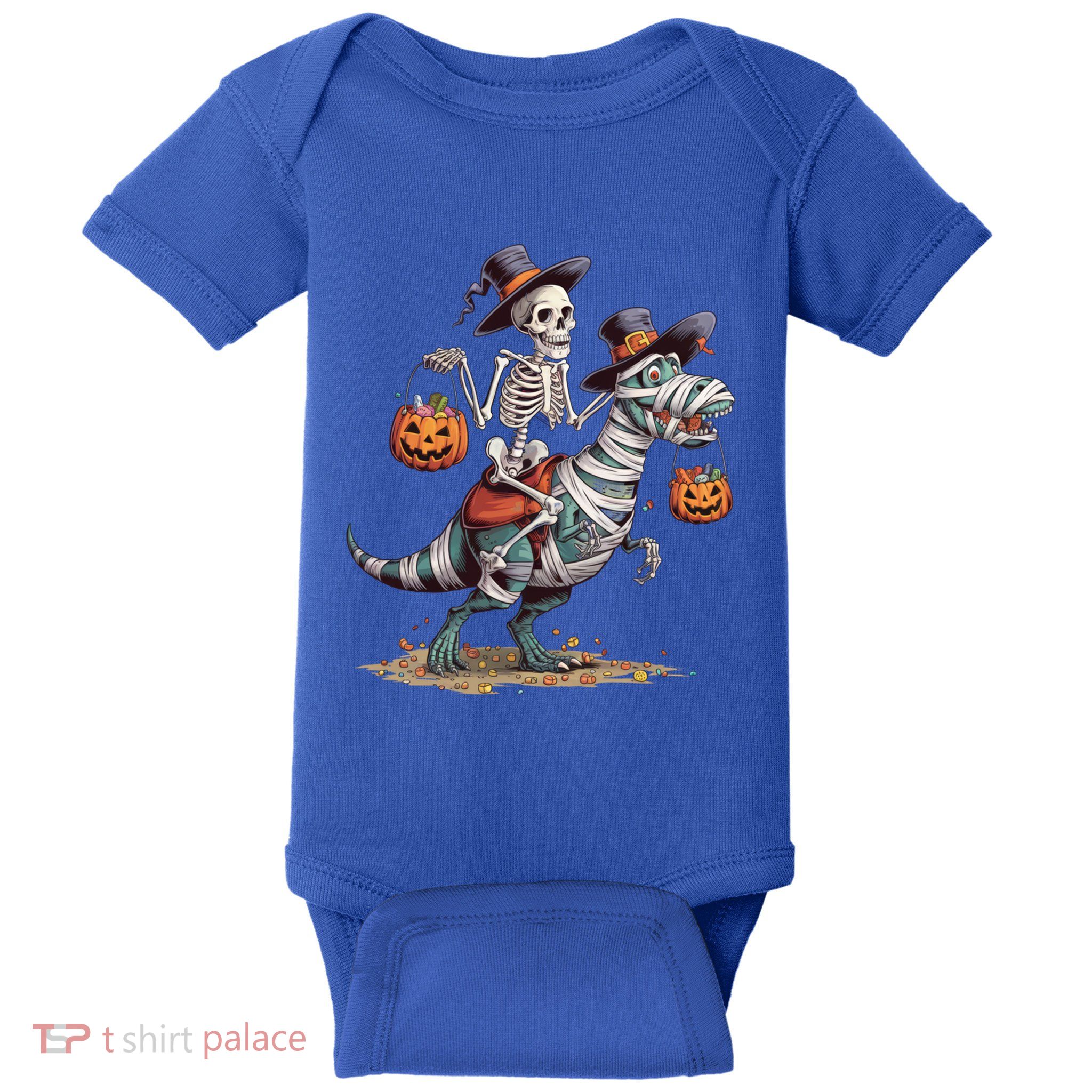 Funny Skeleton Riding Mummy Dinosaur T Rex Pumpkin Halloween Gift Baby Bodysuit