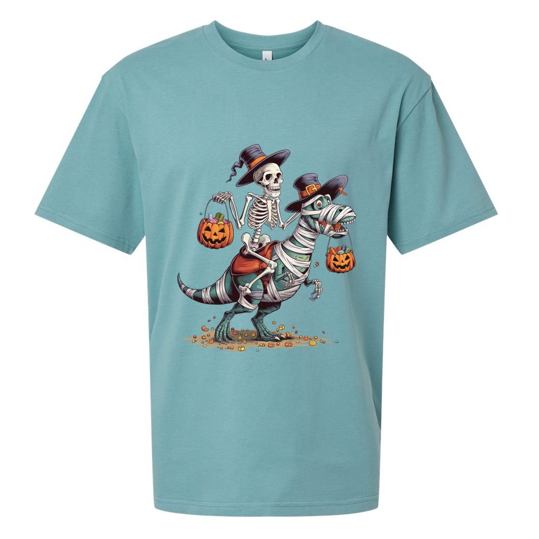 Funny Skeleton Riding Mummy Dinosaur T Rex Pumpkin Halloween Gift Sueded Cloud Jersey T-Shirt