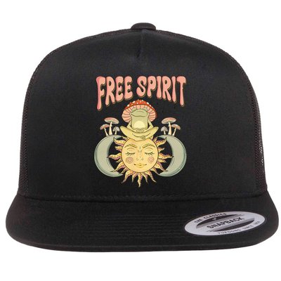 Free Spirit Retro Vibes Hippie Style Frog Mushroom Zen Flat Bill Trucker Hat