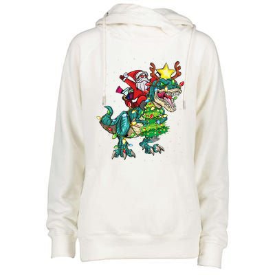 Funny Santa Riding Dinosaur Trex Christmas Funny Xmas Womens Funnel Neck Pullover Hood