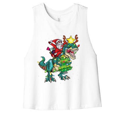 Funny Santa Riding Dinosaur Trex Christmas Funny Xmas Women's Racerback Cropped Tank