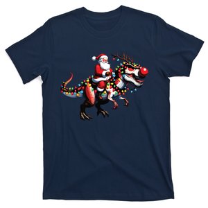 Funny Santa Riding A Reindeer Dinosaur Christmas T-Shirt