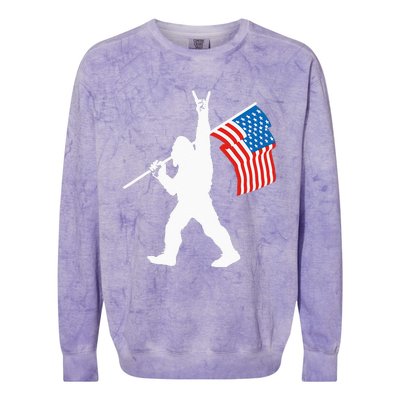 Funny Sasquatch Rock And Roll USA Flag For Bigfoot Believers Colorblast Crewneck Sweatshirt