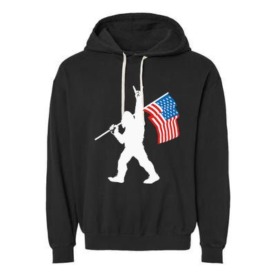 Funny Sasquatch Rock And Roll USA Flag For Bigfoot Believers Garment-Dyed Fleece Hoodie