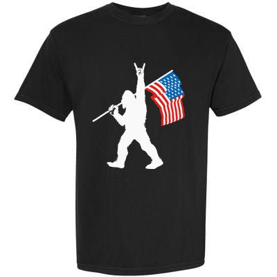 Funny Sasquatch Rock And Roll USA Flag For Bigfoot Believers Garment-Dyed Heavyweight T-Shirt