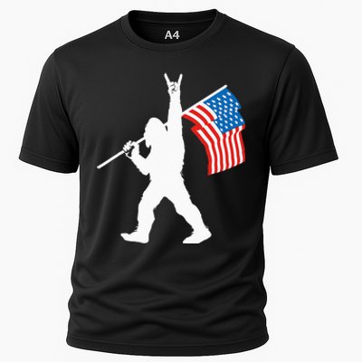 Funny Sasquatch Rock And Roll USA Flag For Bigfoot Believers Cooling Performance Crew T-Shirt