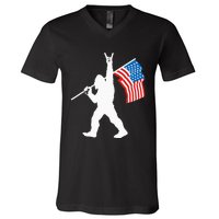 Funny Sasquatch Rock And Roll USA Flag For Bigfoot Believers V-Neck T-Shirt