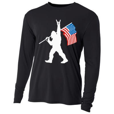 Funny Sasquatch Rock And Roll USA Flag For Bigfoot Believers Cooling Performance Long Sleeve Crew