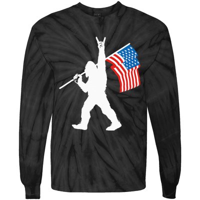 Funny Sasquatch Rock And Roll USA Flag For Bigfoot Believers Tie-Dye Long Sleeve Shirt