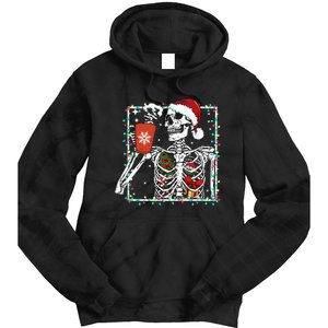 Festive Skeleton Sipping Coffee Latte in Christmas Theme Tie Dye Hoodie