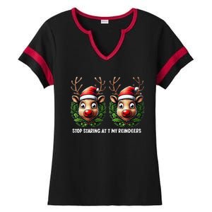 Funny Stop Staring At My Reindeers Boobs Ugly Gag Xmas Ladies Halftime Notch Neck Tee