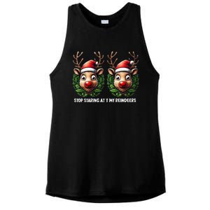 Funny Stop Staring At My Reindeers Boobs Ugly Gag Xmas Ladies PosiCharge Tri-Blend Wicking Tank