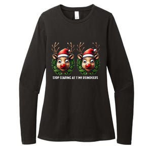 Funny Stop Staring At My Reindeers Boobs Ugly Gag Xmas Womens CVC Long Sleeve Shirt