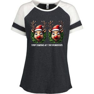 Funny Stop Staring At My Reindeers Boobs Ugly Gag Xmas Enza Ladies Jersey Colorblock Tee