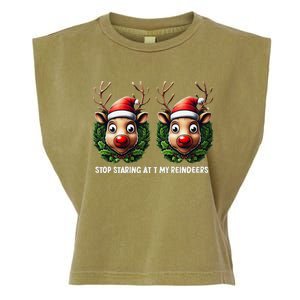 Funny Stop Staring At My Reindeers Boobs Ugly Gag Xmas Garment-Dyed Women's Muscle Tee