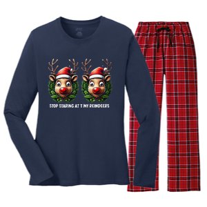 Funny Stop Staring At My Reindeers Boobs Ugly Gag Xmas Women's Long Sleeve Flannel Pajama Set 