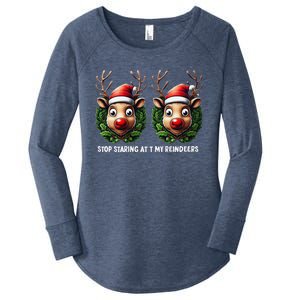 Funny Stop Staring At My Reindeers Boobs Ugly Gag Xmas Women's Perfect Tri Tunic Long Sleeve Shirt