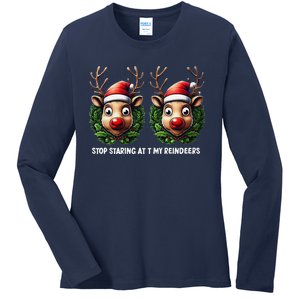 Funny Stop Staring At My Reindeers Boobs Ugly Gag Xmas Ladies Long Sleeve Shirt