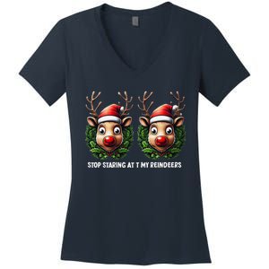 Funny Stop Staring At My Reindeers Boobs Ugly Gag Xmas Women's V-Neck T-Shirt