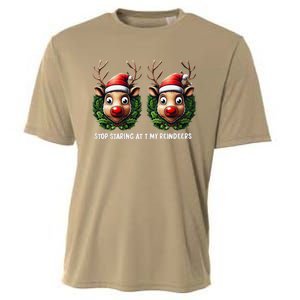 Funny Stop Staring At My Reindeers Boobs Ugly Gag Xmas Cooling Performance Crew T-Shirt