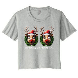 Funny Stop Staring At My Reindeers Boobs Ugly Gag Xmas Women's Crop Top Tee